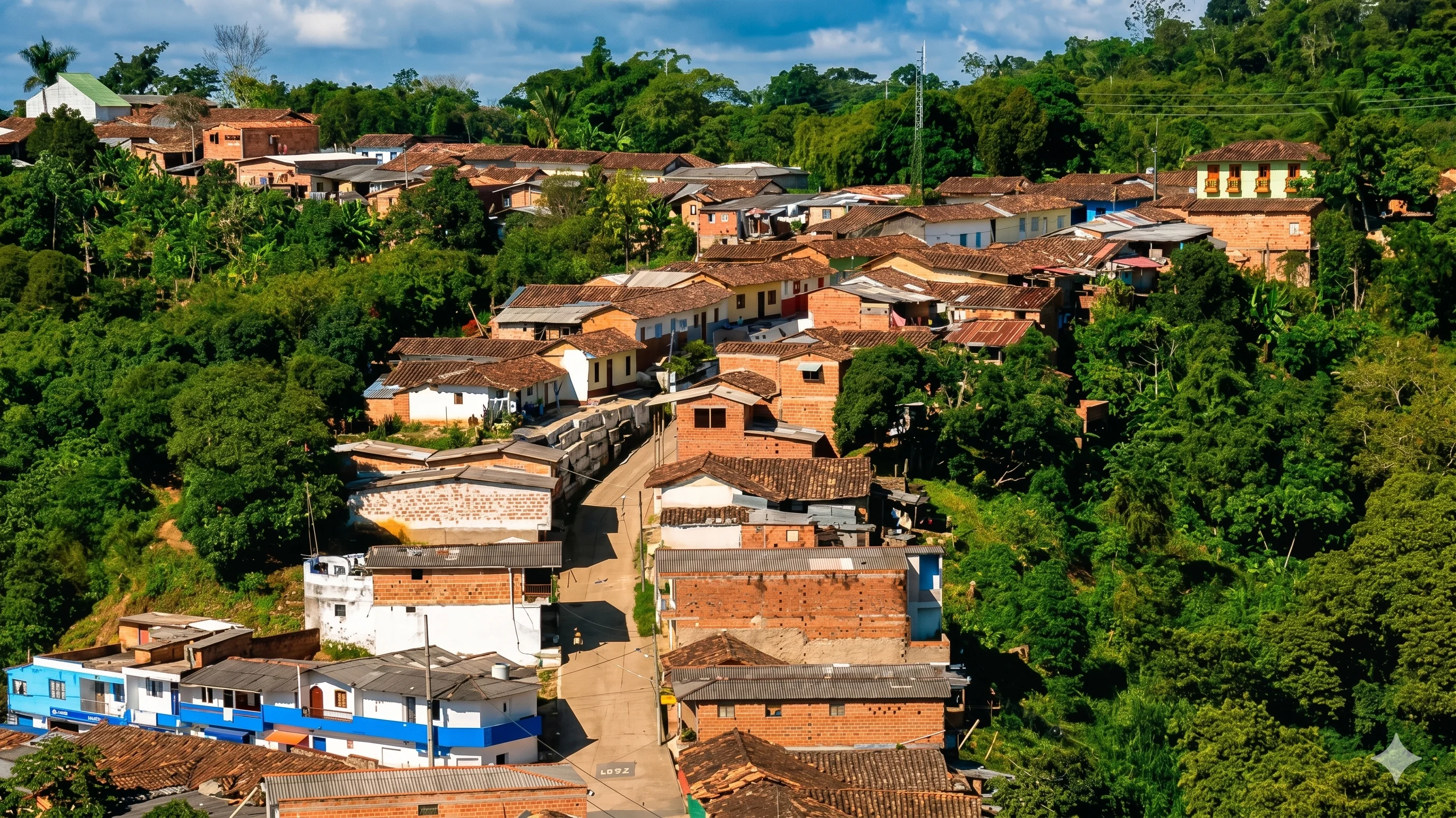 Vista aérea del municipio de Yalí, Antioquia — calles y casas entre la selva del nordeste colombiano